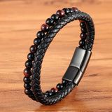 Men's Natural Stone Beads Double-Layer Leather Bracelet – Stainless Steel Magnetic Clasp | Bangle Jewelry