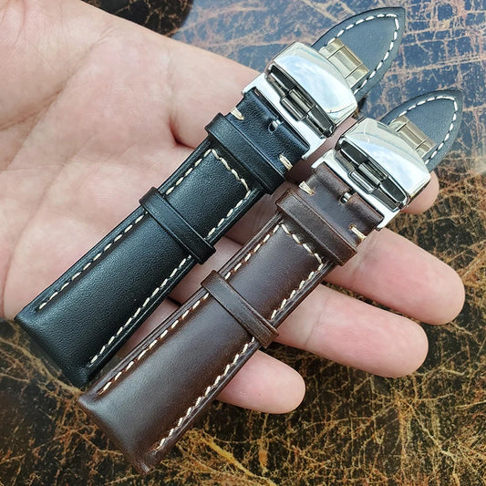 Vintage Genuine Leather Watch Band – Dark Brown Smooth Strap for Men & Women | 18mm to 24mm with Metal Butterfly Deployment Clasp