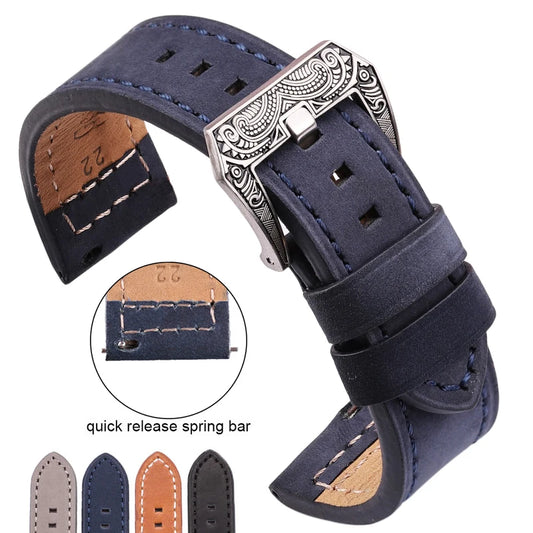 Carved Pattern Genuine Leather Watchbands with Buckle, 4 Colors Cowhide Strap Bracelet, Watch Accessories in 20mm, 22mm, 24mm