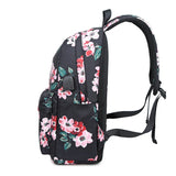 Set of 3 Children's School Bags for Girls - Black Flower Backpack with USB Port - Floral Lunch Food Bag and Pencil Bag Set for Students