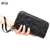 Women's Large Card Wallet - Genuine Leather Phone Wallet for Ladies - Ideal Girl Gift - Vintage Flower Design Money Bag and Leather Purse