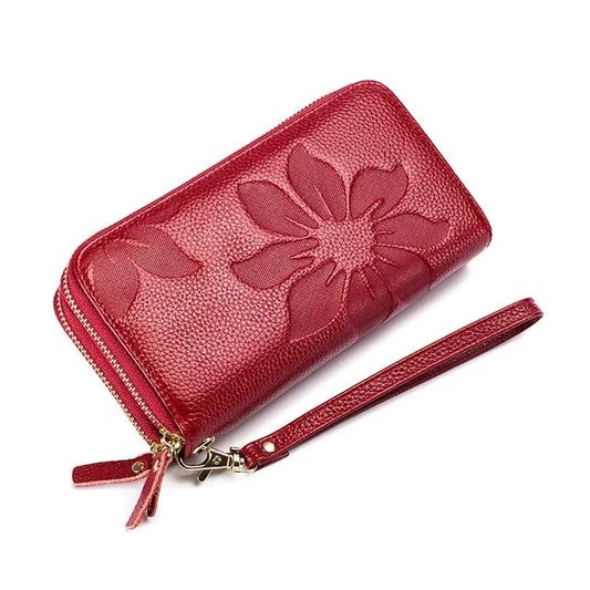 Women's Large Card Wallet - Genuine Leather Phone Wallet for Ladies - Ideal Girl Gift - Vintage Flower Design Money Bag and Leather Purse