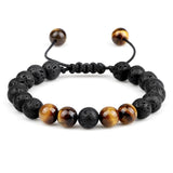 Men's 8mm Black Lava Beads Bracelet – Adjustable Braided Rope with Tiger Eye | Couple's Distance Yoga Healing Jewelry