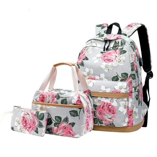 Set of 3 Flower Canvas School Backpacks: Floral Book Bags Designed for Children and Teenage Girls, Stylish Bagpack Collection