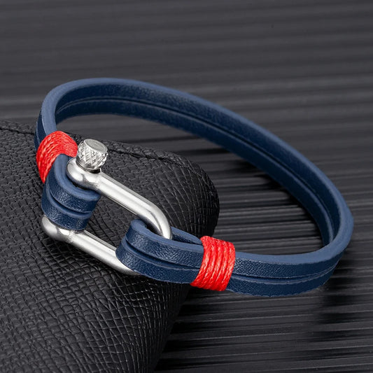 Men's Nautical Double-Strand Leather Bracelet – Stainless Steel U-Shape Clasp | Sporty Bangle Jewelry