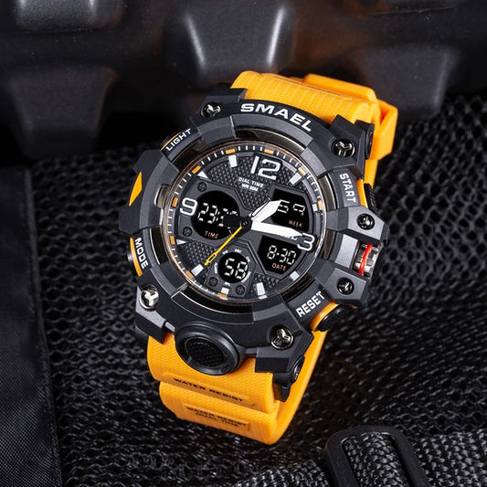 Men's Sports Watch – Waterproof Silicone Military Wristwatch with Digital Dual Display and Stopwatch