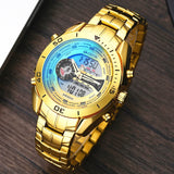 Men's Gold Military Fashion Watch - Quartz & LED Digital, Waterproof Sports Wristwatch