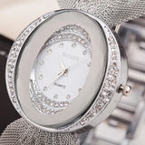 Women's Fashion Oval Gold Bracelet Watch with Mesh Band - Alloy Quartz Dress Watch, Rhinestone Accents, Ladies' Wristwatch