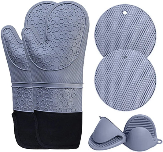 6-Piece Set of Extra Long Heat-Resistant Silicone Oven Mitts and Pot Holders, Kitchen Gloves for Baking and Cookin