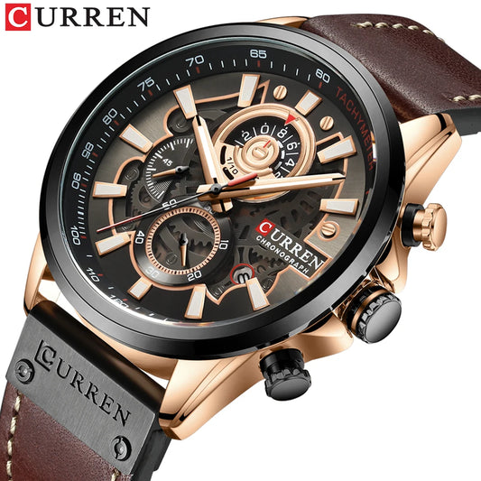 CURREN Men's Sports Luxury Watch: Chronograph, Military Style, Genuine Leather, Waterproof Wristwatch, Masculine Timepiece