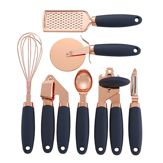 Rose Gold Stainless Steel Kitchen Gadget Set: Includes 7 Pieces - Garlic Press, Cutter, Scoop, Peeler, Cheese Grater