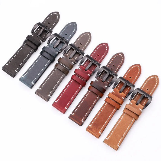 Vintage Cowhide Watchbands in 7 Colors, Genuine Leather Strap Bracelet for Men and Women, Available in 18mm, 20mm, 22mm, 24mm