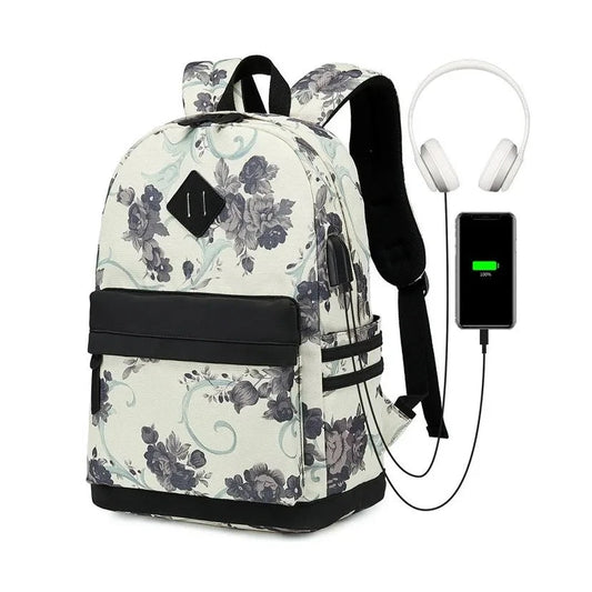 Stylish Flower Backpack for Girls and Teens: USB School Bag for Women, Ideal for Middle and High School, College Students