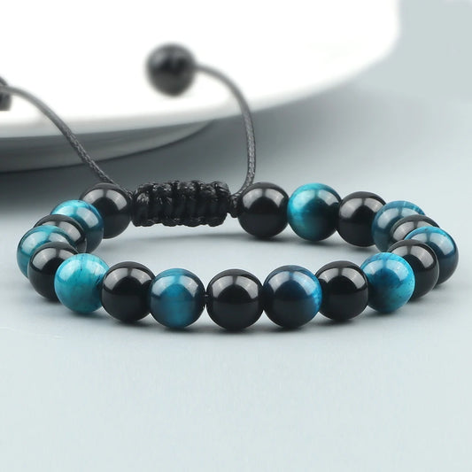 Men's Blue Tiger Eye Bracelet – Adjustable Braided Onyx Beads | High-Quality Minimalist Pulsera