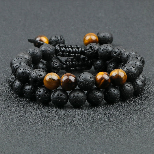 2-Piece Adjustable Braided Natural Stone Bracelet Set – Tiger Eye & Lava Beads for Couples | Yoga Pulsera Jewelry