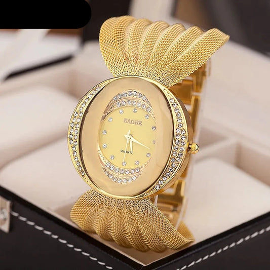 Women's Fashion Oval Gold Bracelet Watch with Mesh Band - Alloy Quartz Dress Watch, Rhinestone Accents, Ladies' Wristwatch