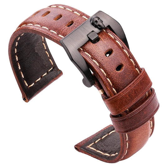 Vintage Cowhide Leather Watchband – Genuine Leather Straps for Men and Women in 20mm, 22mm, 24mm, Available in Black, Dark Brown, and Red