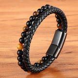 Men's Natural Stone Beads Double-Layer Leather Bracelet – Stainless Steel Magnetic Clasp | Bangle Jewelry