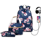 Set of 3 Children's School Bags for Girls - Black Flower Backpack with USB Port - Floral Lunch Food Bag and Pencil Bag Set for Students