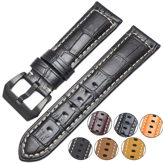 High-Quality Genuine Leather Watchbands – Thick 22mm/24mm Straps with Buckle in Brown and Black for Men's Wristwatches