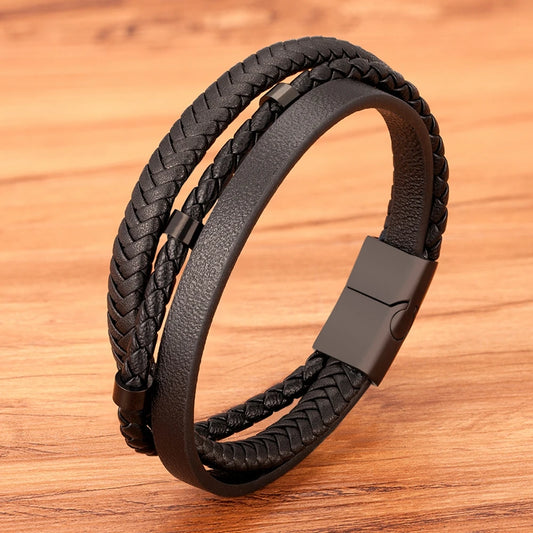 Men's Trendy Black Leather Bracelet – Punk Style with Stainless Steel Multilayer Braided Rope | Simple Charm Jewelry Gift for Friends