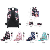 Set of 3 Children's School Bags for Girls - Black Flower Backpack with USB Port - Floral Lunch Food Bag and Pencil Bag Set for Students