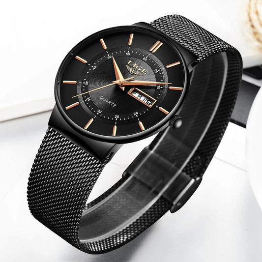 LIGE Top Brand Luxury Ultra-Thin Women's Bracelet Wrist Watch with Female Mesh Strap, Waterproof Quartz Clock