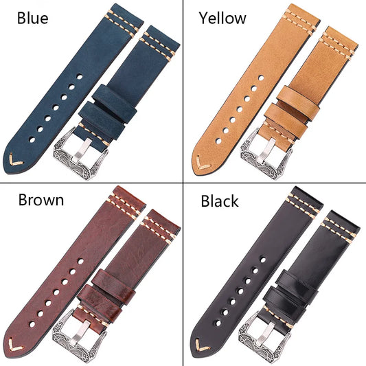 Handmade Leather Watchband - 20mm, 22mm, 24mm Genuine Cowhide Straps in 4 Colors with Retro Steel Buckle