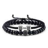 2-Piece Men's Beaded Bracelet Set – 6mm Natural Onyx Stone with Braided Dumbbell & Barbell Charm | Fitness Jewelry for Men