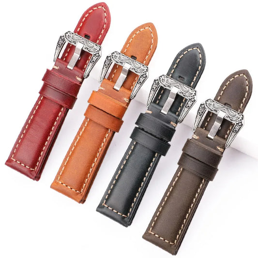 Cowhide Leather Watch Strap Bracelet – 20mm/22mm/24mm/26mm Genuine Leather Watchbands in 4 Colors for Men and Women – Clock Accessories