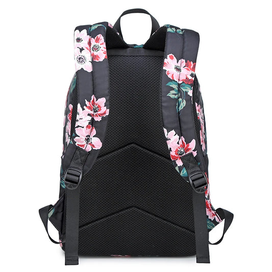 Set of 3 Children's School Bags for Girls - Black Flower Backpack with USB Port - Floral Lunch Food Bag and Pencil Bag Set for Students