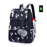 Women's Fashion School Backpack: USB School Bag for Girls, Black Backpack with Plush Ball and Butterfly Decoration, Ideal Girl's Schoolbag