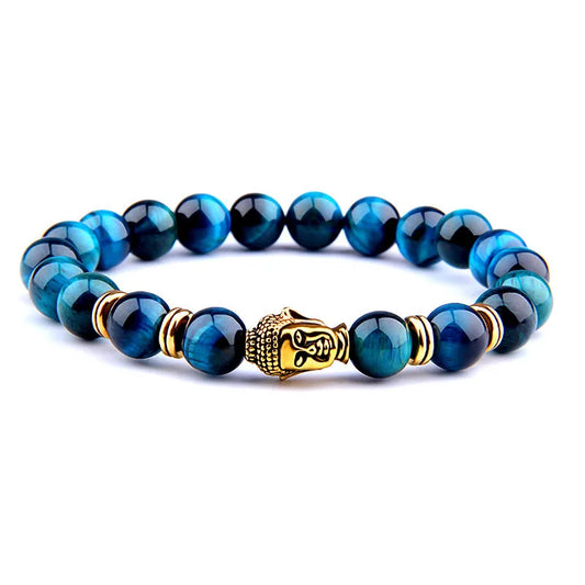 Men's Royal Blue Tiger Eye Beaded Bracelet – Natural Stone with Buddha Charm | Stretch Fashion Jewelry