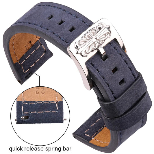 Genuine Cowhide Leather Watch Straps – 20mm/22mm Bands in Black, Blue, Gray, Brown for Men and Women