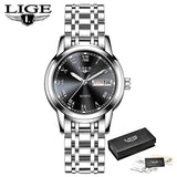 LIGE Ladies' Fashion Watch: Top Brand Luxury Stainless Steel Sport Quartz Watch with Calendar, Waterproof Bracelet Design