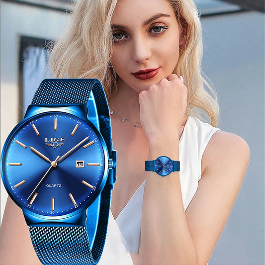 LIGE Fashion Luxury Women's Quartz Watch: Steel Mesh Strap, Ultra-thin  Casual Waterproof Wristwatch