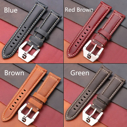 Handcrafted Cowhide Leather Watchbands in Brown, Blue, Green, and Red, Available in 22mm, 24mm, 26mm with Stainless Steel Skull Hollow Buckle