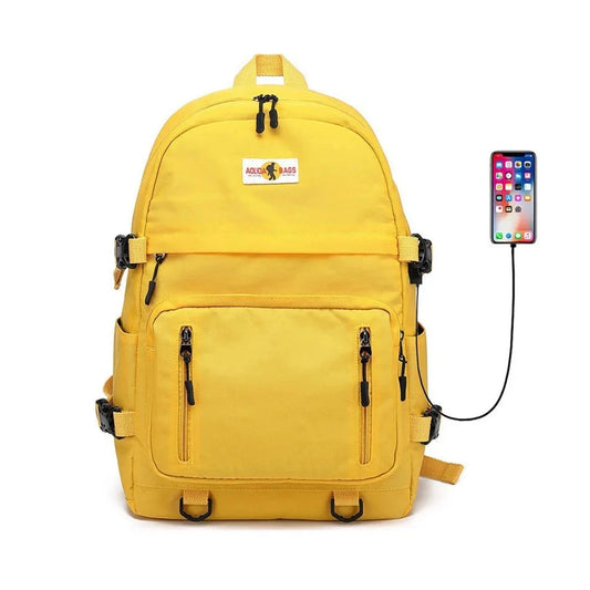 Waterproof School Backpack with USB Port: Large Yellow and Black Book Bag Suitable for Teenage Boys and Girls