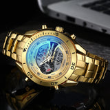 Men’s Luxury Gold Watch – Large Dial Stainless Steel Sport Watch with Digital Quartz Movement