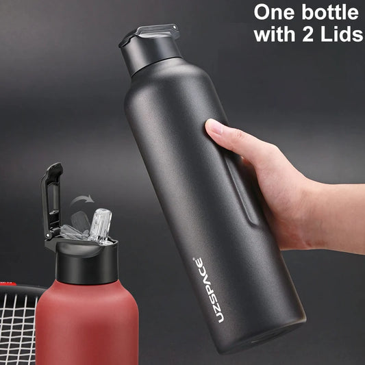 Insulated Stainless Steel Bottle with Straw: Features Direct Drinking Capability, Comes with 2 Lids