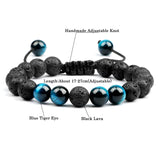 Men's 8mm Black Lava Beads Bracelet – Adjustable Braided Rope with Tiger Eye | Couple's Distance Yoga Healing Jewelry