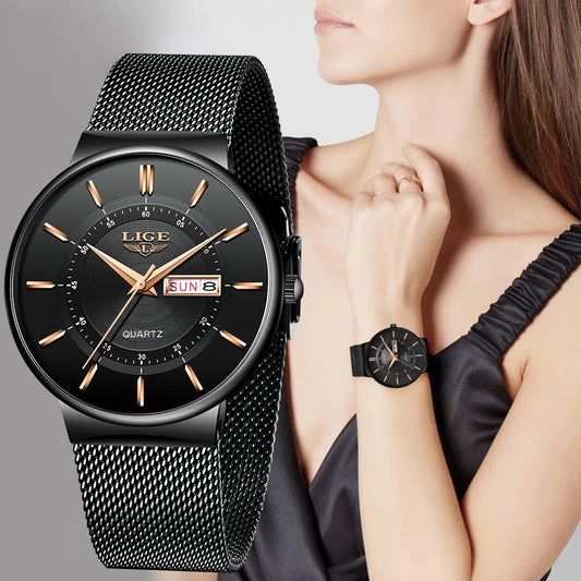 LIGE Luxury Women's Quartz Watch: Top Brand Waterproof Steel Wristwatch, Black Quartz Clock, Elegant Gift