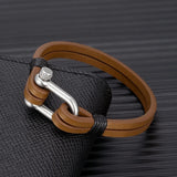 Men's Nautical Double-Strand Leather Bracelet – Stainless Steel U-Shape Clasp | Sporty Bangle Jewelry