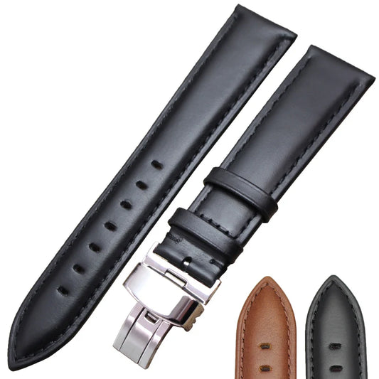 Genuine Leather Smooth Watchbands – Black and Brown Straps with Steel Clasp for Men and Women in 18mm, 19mm, 20mm, 21mm, 22mm, 24mm