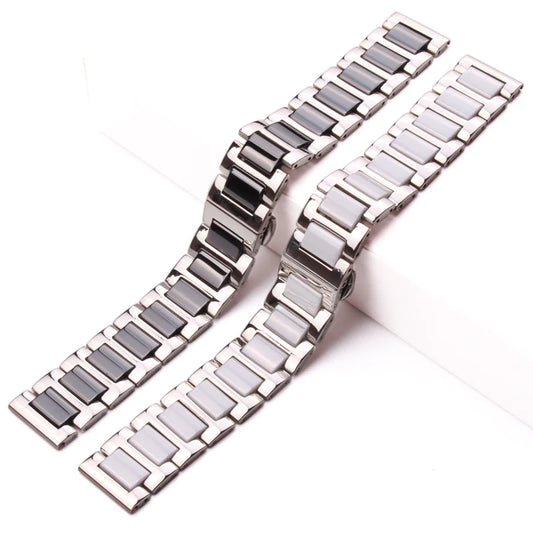 Stainless Steel Watchband with Ceramic Links: Available in 16mm, 18mm, 20mm - Men's and Women's White or Black Strap