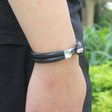 Double Layer Grid & Smooth Veins Leather Bracelet – Toggle-Clasp Genuine Leather Hand Jewelry | Perfect Birthday Gift