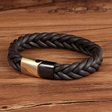 Men's Braided Genuine Leather Wristlet Bracelet – Stainless Steel Magnetic Clasp | Punk Jewelry in 19/21/23cm