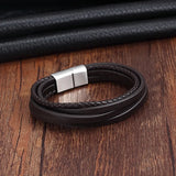 Men's Multi-Layer Genuine Leather Bracelet – Black/Brown Braided Design with Magnetic Clasp | Stylish Birthday Gift Bangle