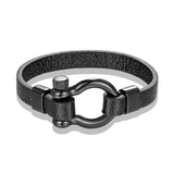 Men's Black Stainless Steel Shackle Buckle Leather Bracelet – Nautical Sailor Surfer Survival Wristband Jewelry