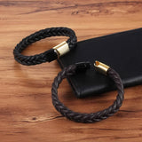 Men's Braided Genuine Leather Wristlet Bracelet – Stainless Steel Magnetic Clasp | Punk Jewelry in 19/21/23cm